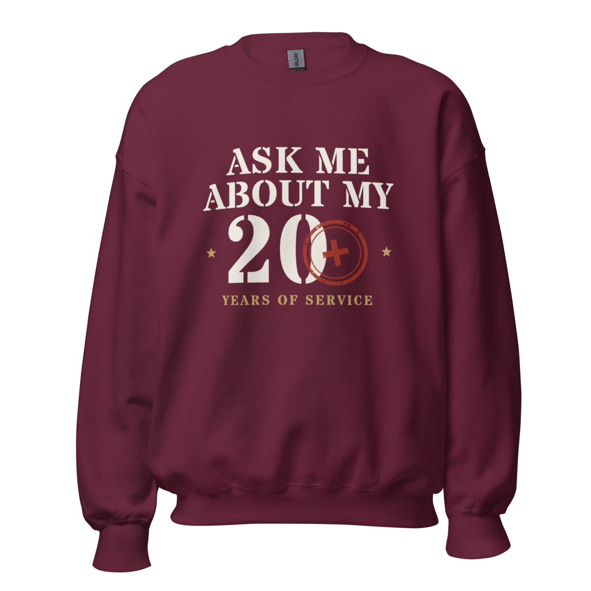 Ask Me About My 20+ Crewneck Sweatshirt in Maroon, front, Twenty & Out