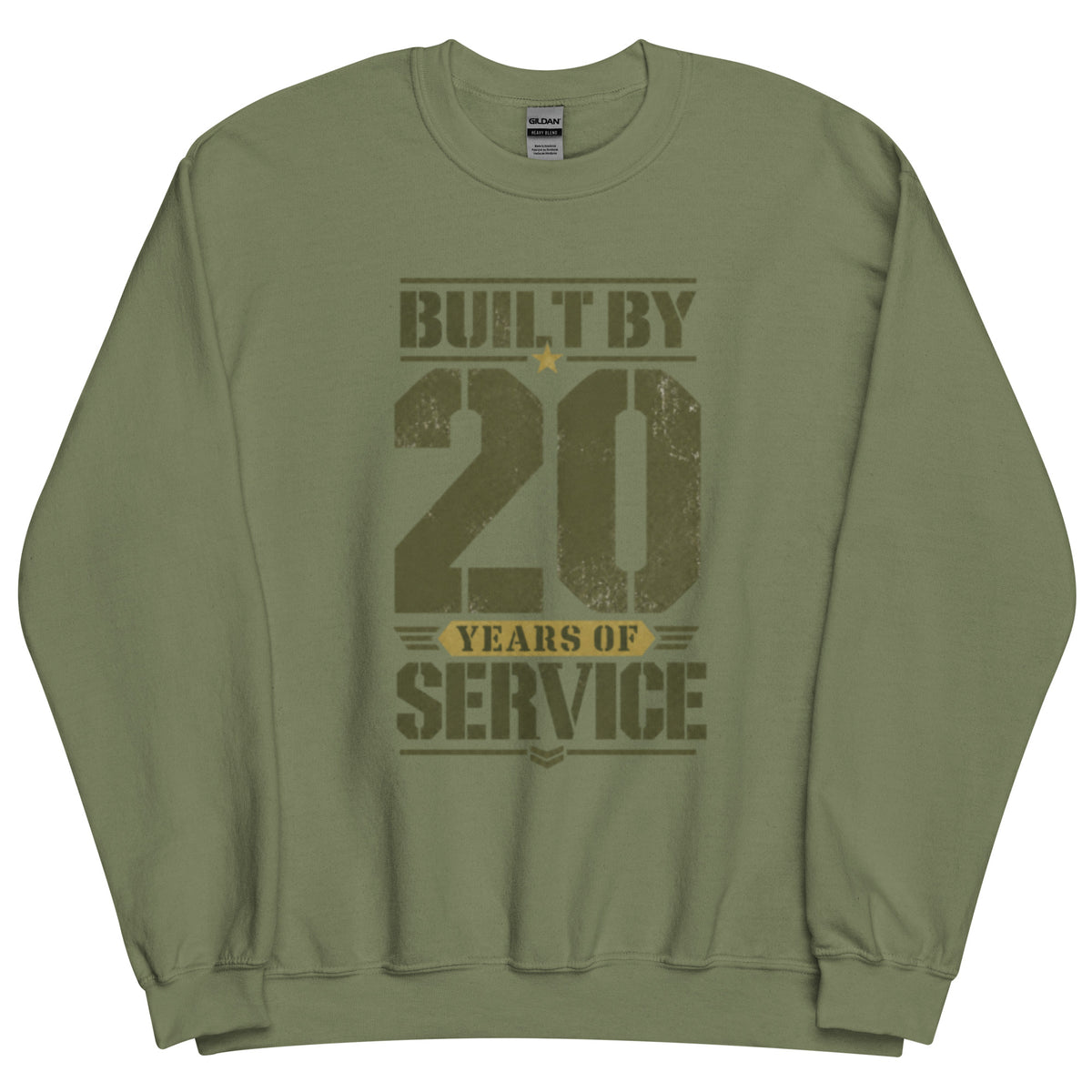 Built By 20 Years of Service Crew Neck Sweatshirt in Military Green, front, Twenty & Out