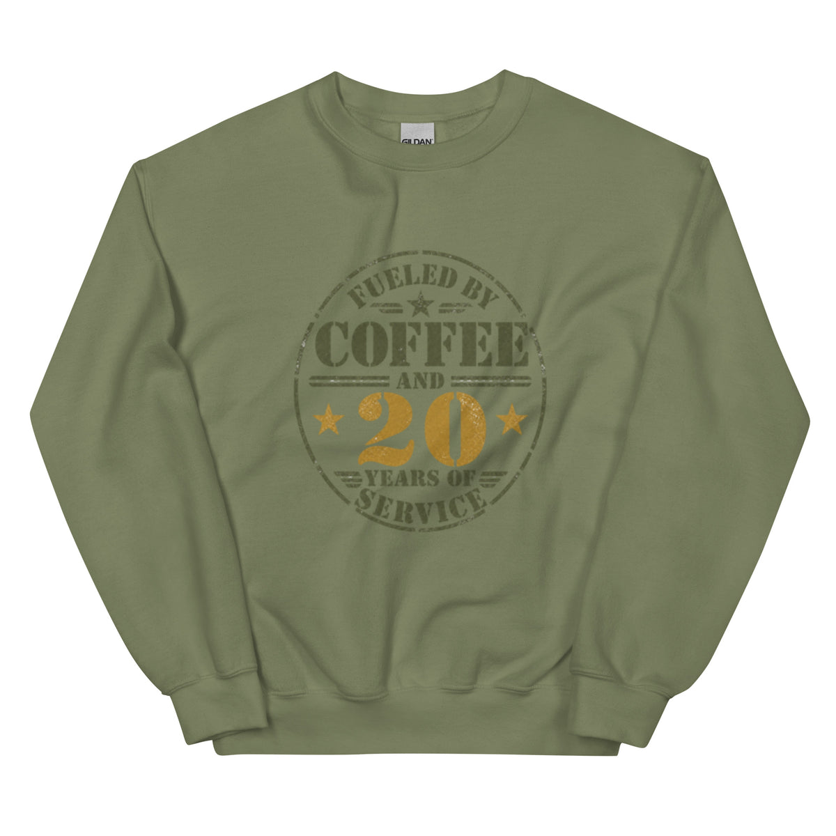 Fueled By 20 Years of Service Crew Neck Sweatshirt in Military Green, front, Twenty & Out