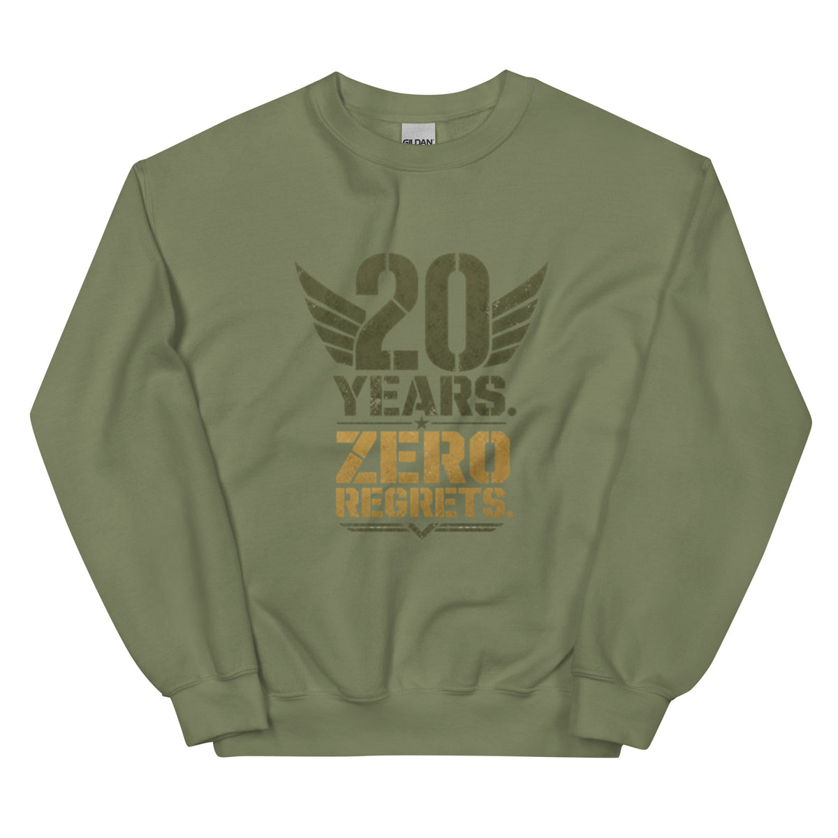 20 Years Zero Regrets Crew Neck Sweatshirt in Military Green, front, Twenty & Out