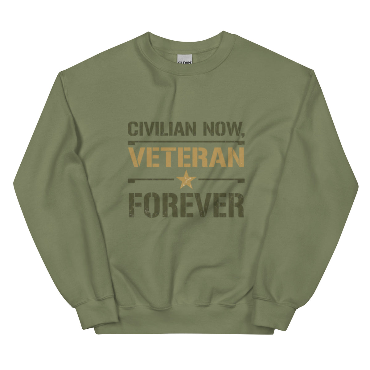 Civilian Now, Veteran Forever Crew Neck Sweatshirt in Military Green, front, Twenty & Out