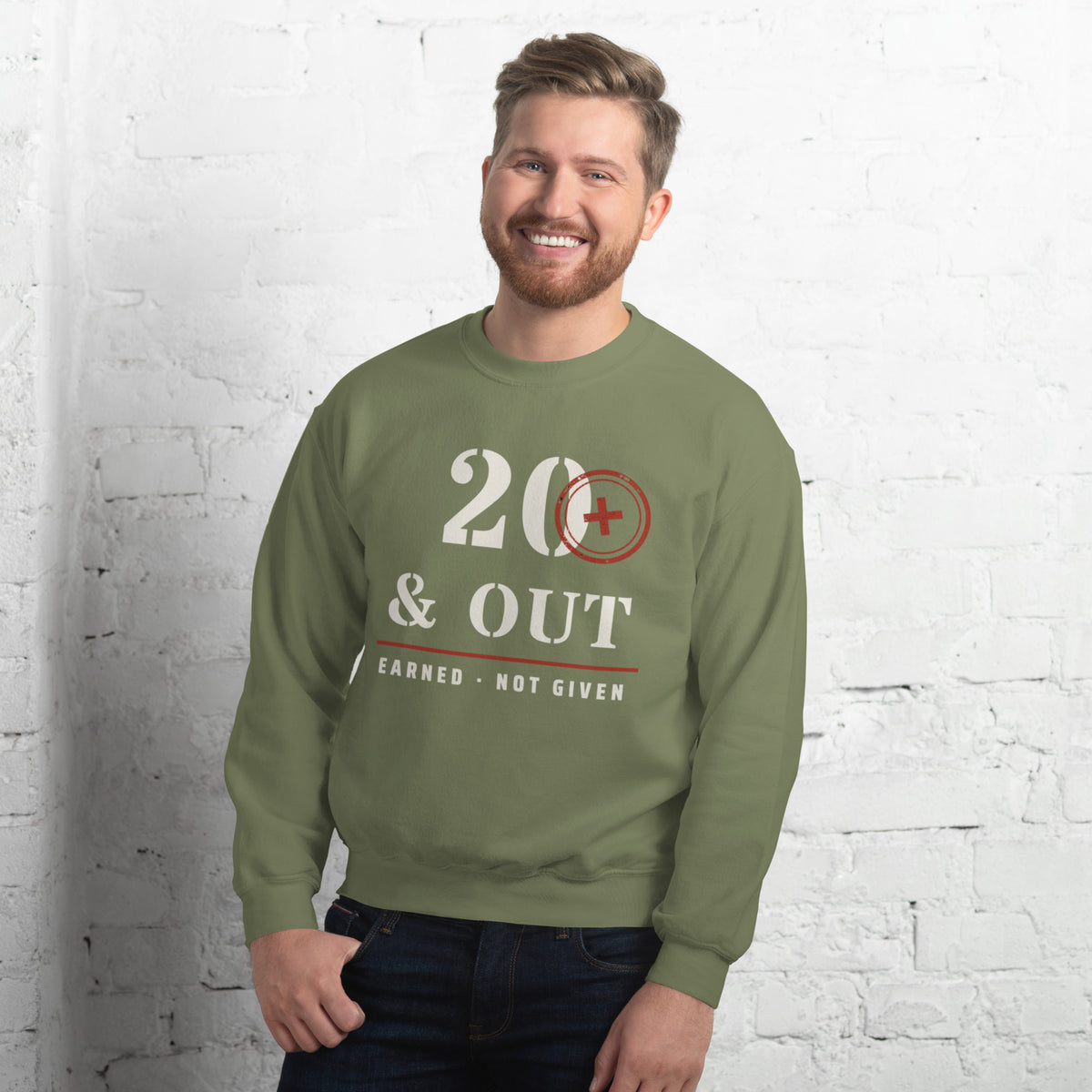 20 Plus & Out Crew Neck Sweatshirt in Military Green, front, Twenty & Out