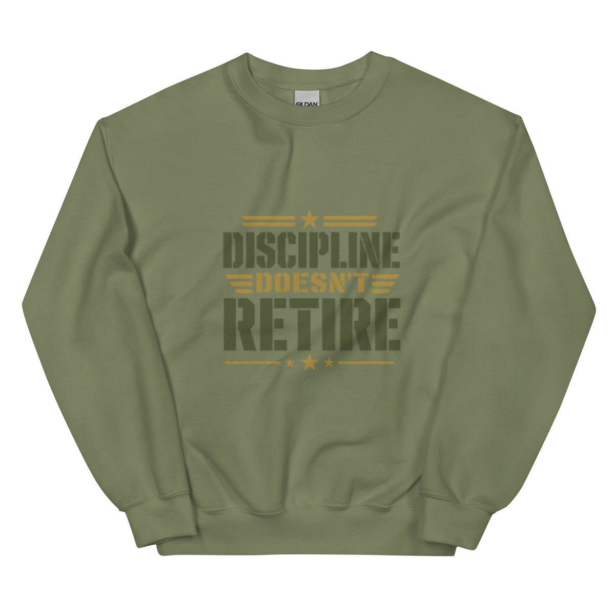Discipline Doesn't Retire Crew Neck Sweatshirt in Military Green, front, Twenty & Out