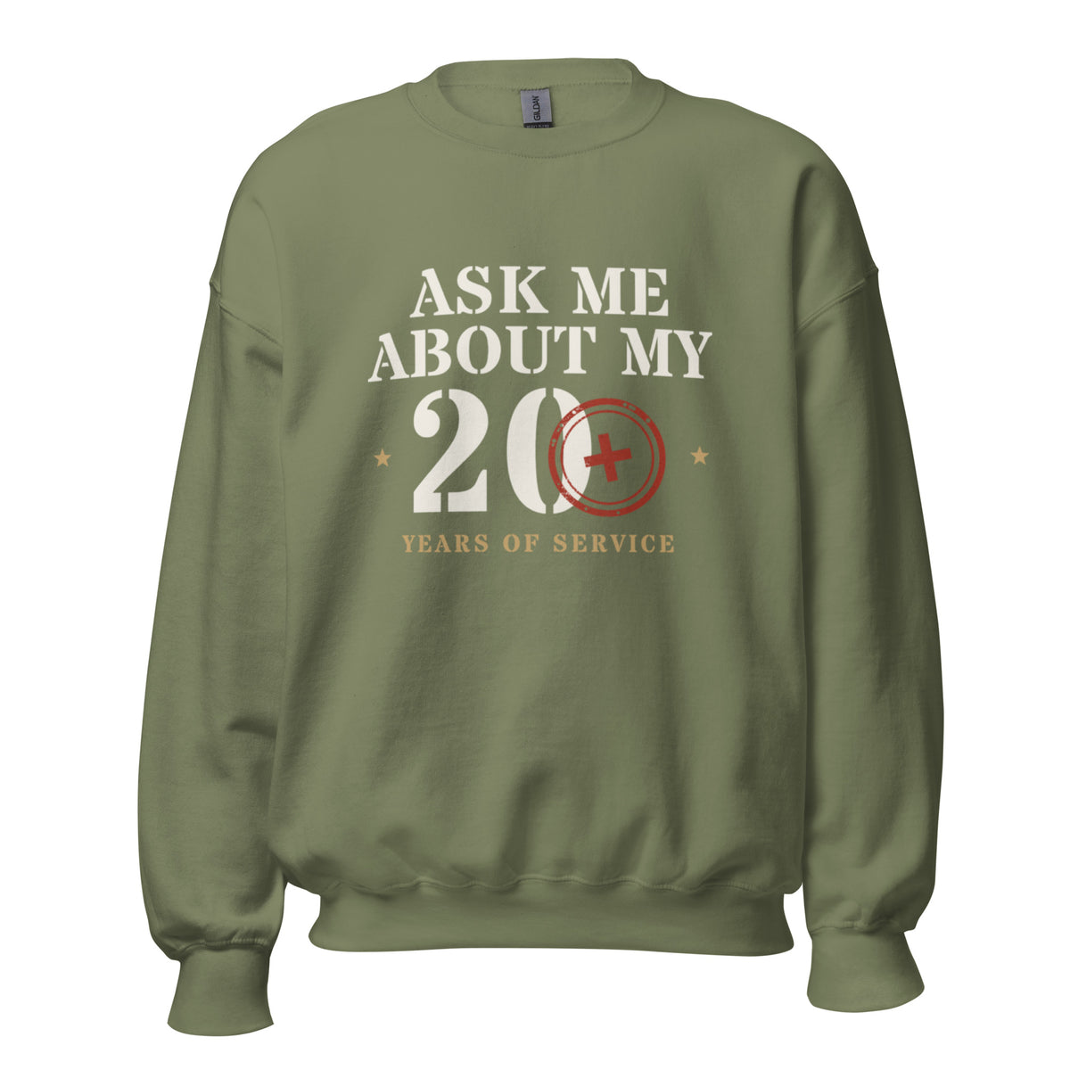 Ask Me About My 20+ Crewneck Sweatshirt in Military Green, front, Twenty & Out