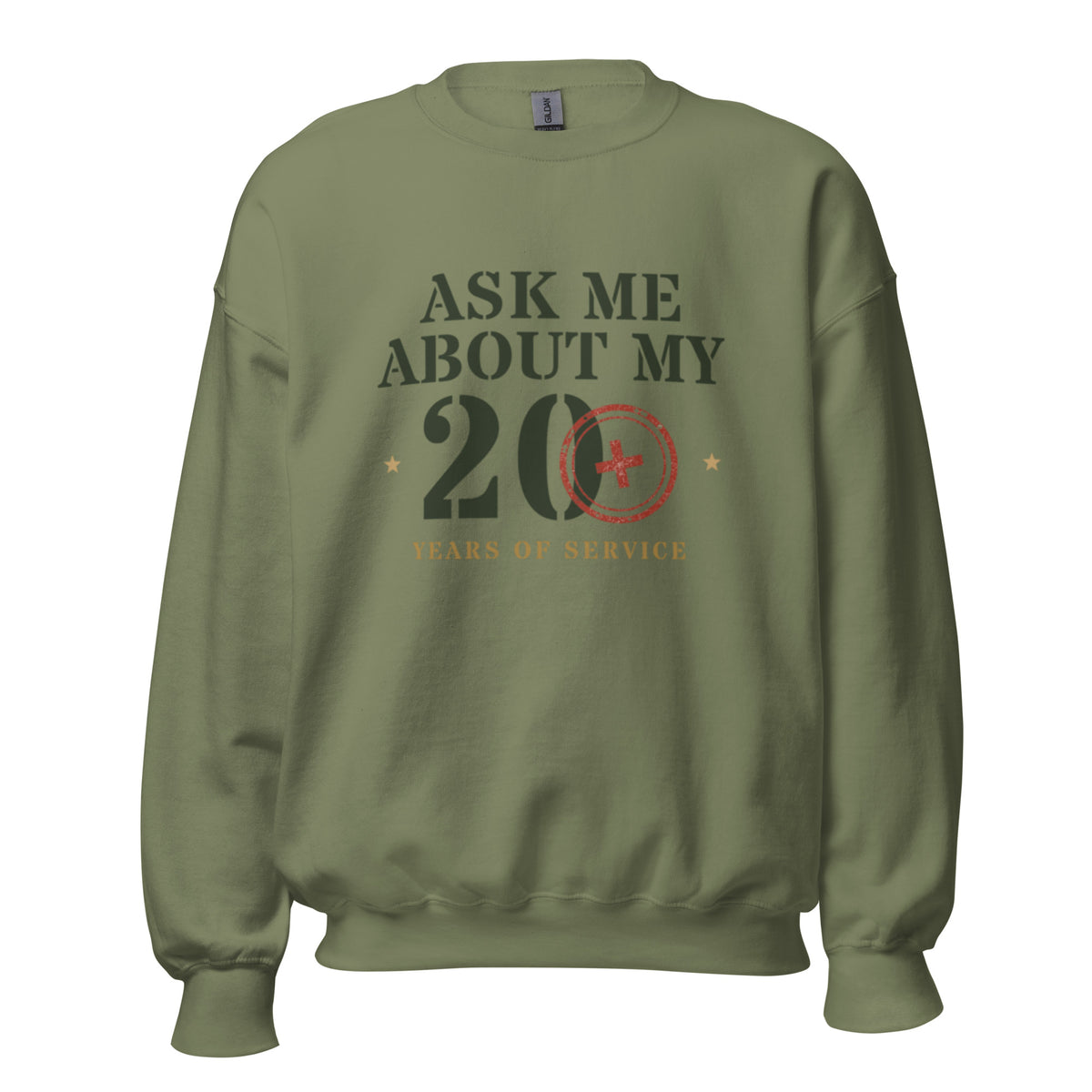 Ask Me About My 20 Plus Crewneck Sweatshirt in Military Green, front, Twenty & Out