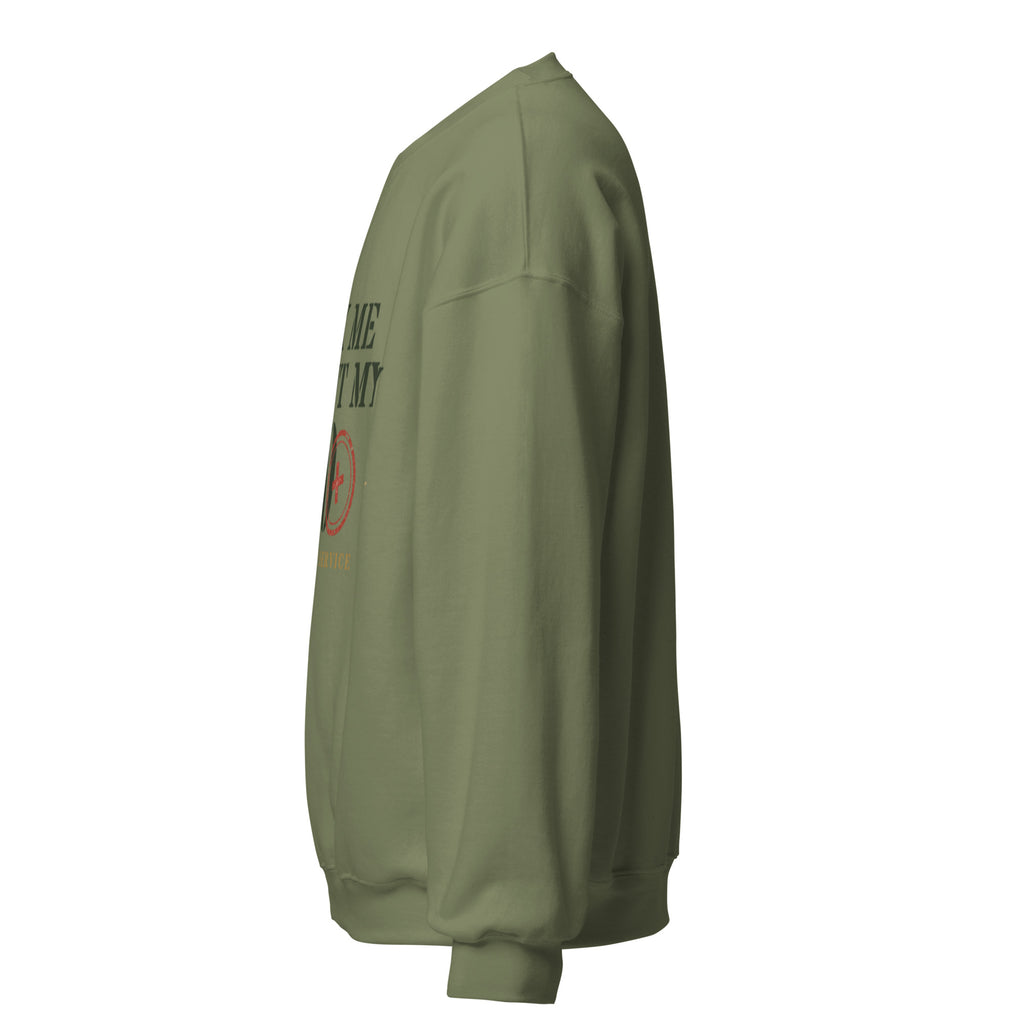 Ask Me About My 20 Plus Crewneck Sweatshirt in Military Green, left, Twenty & Out