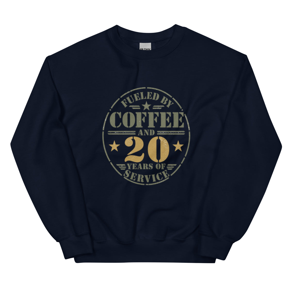 Fueled By 20 Years of Service Crew Neck Sweatshirt in Navy, front, Twenty & Out