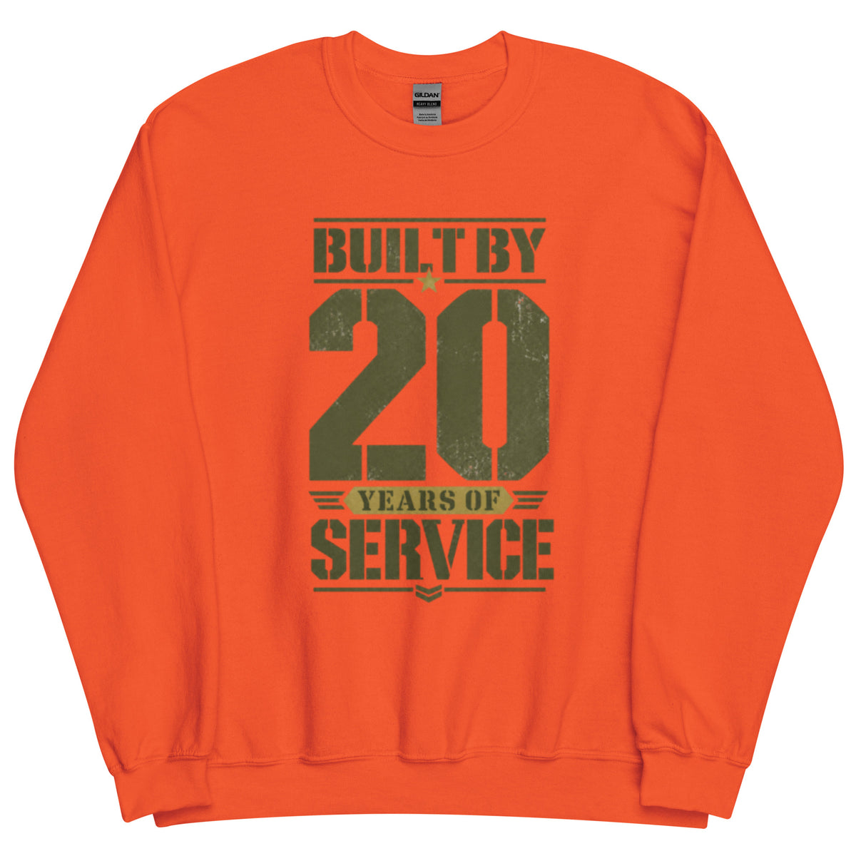 Built By 20 Years of Service Crew Neck Sweatshirt in Orange, front, Twenty & Out