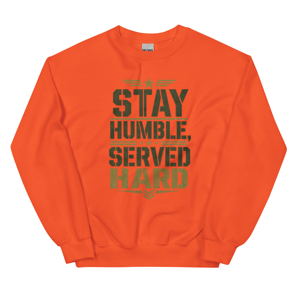 Stay Humble, Serve Hard Crew Neck Sweatshirt in Orange, front, Twenty & Out