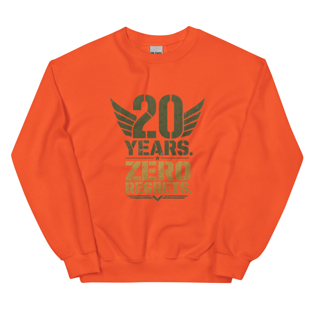 20 Years Zero Regrets Crew Neck Sweatshirt in Orange, front, Twenty & Out
