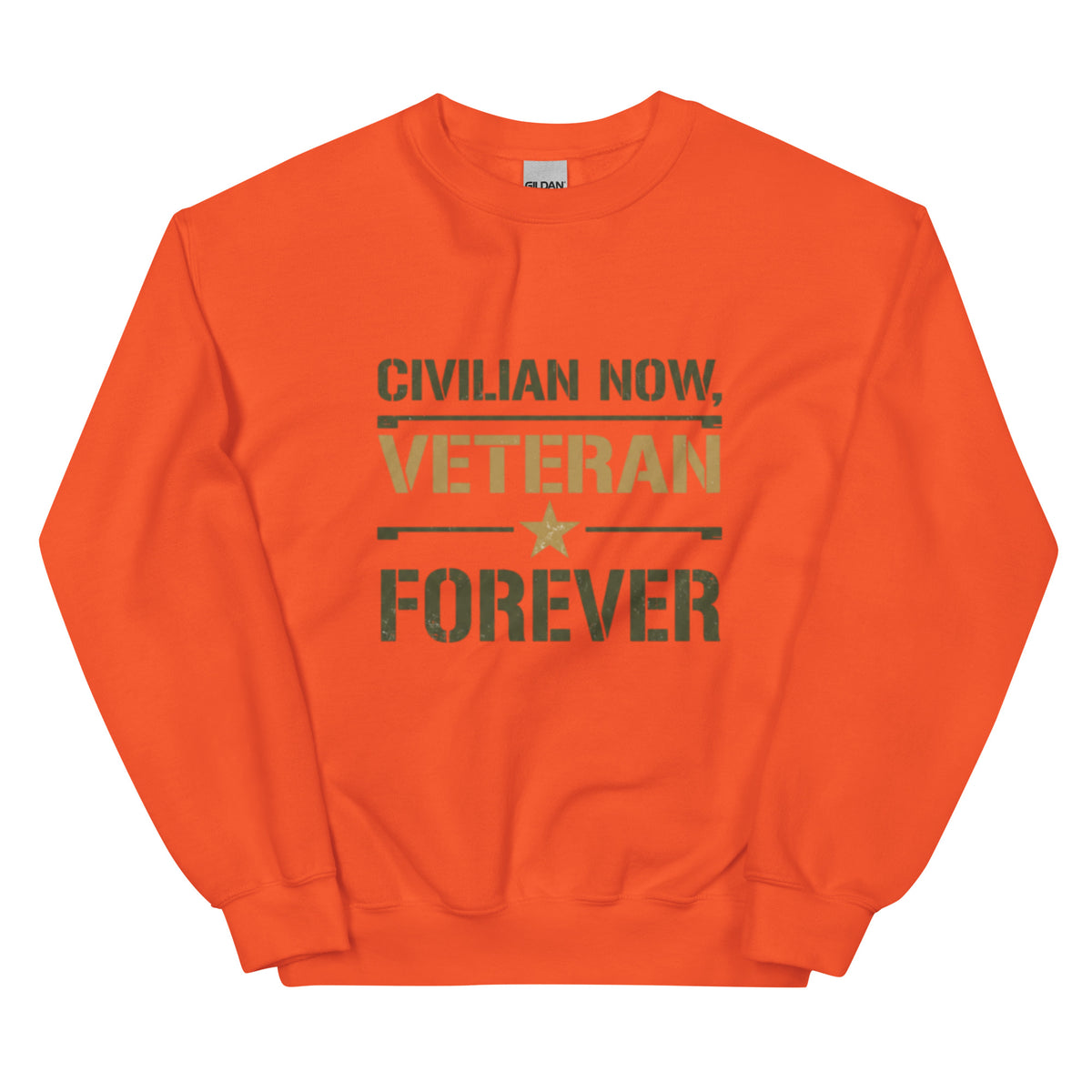 Civilian Now, Veteran Forever Crew Neck Sweatshirt in Orange, front, Twenty & Out