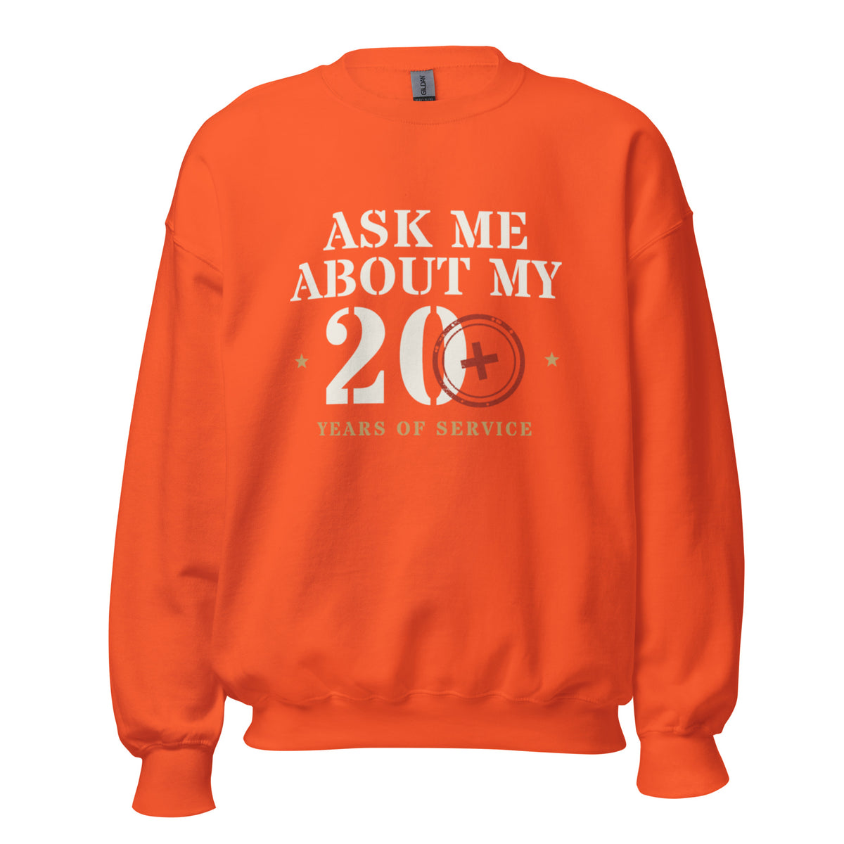 Ask Me About My 20+ Crewneck Sweatshirt in Orange, front, Twenty & Out