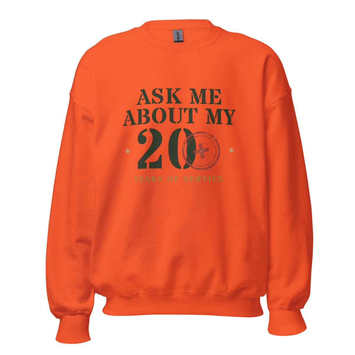 Ask Me About My 20 Plus Crewneck Sweatshirt in Orange, front, Twenty & Out