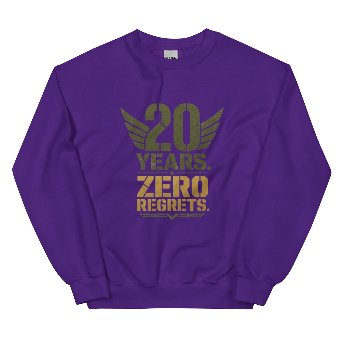 20 Years Zero Regrets Crew Neck Sweatshirt in Purple, front, Twenty & Out
