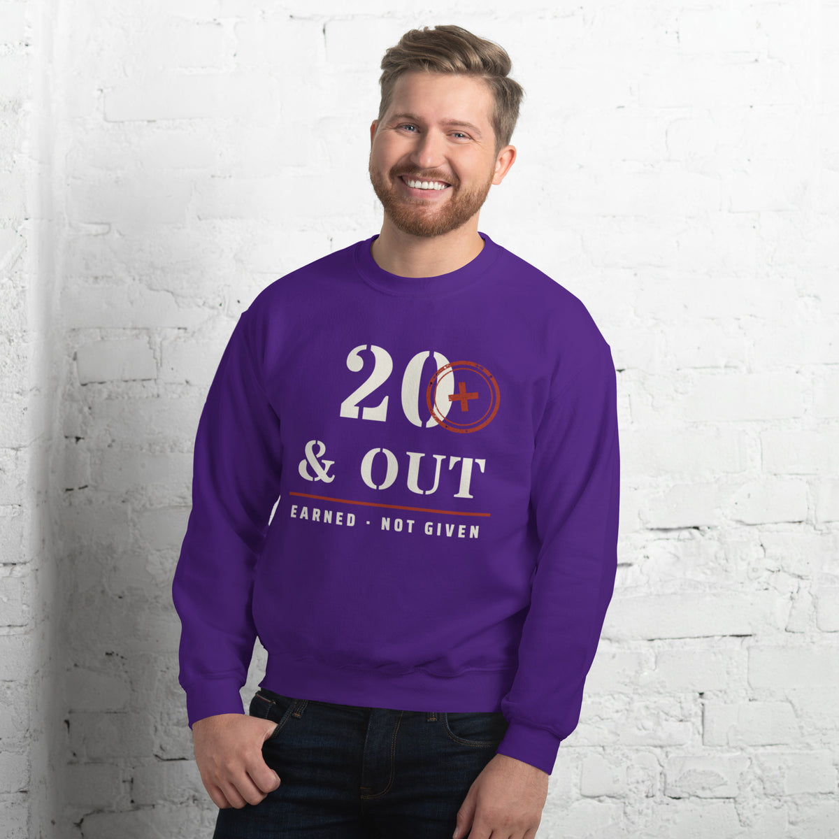 20 Plus & Out Crew Neck Sweatshirt in Purple, front, Twenty & Out