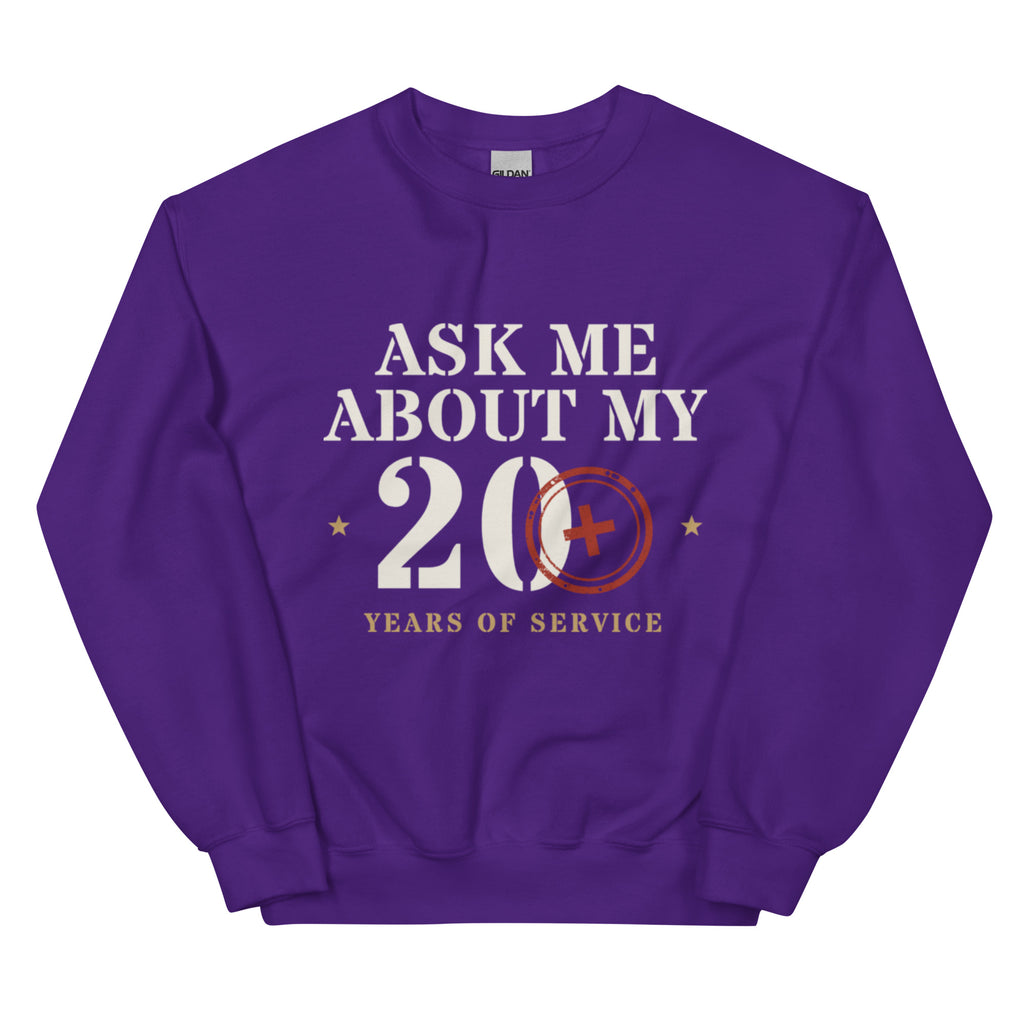 Ask Me About My 20+ Crewneck Sweatshirt in Purple, front, Twenty & Out