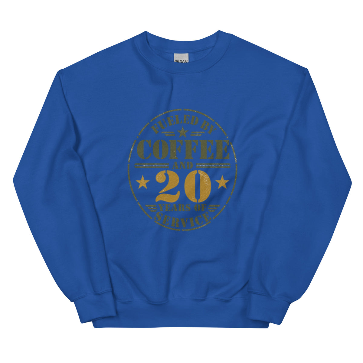 Fueled By 20 Years of Service Crew Neck Sweatshirt in Royal, front, Twenty & Out