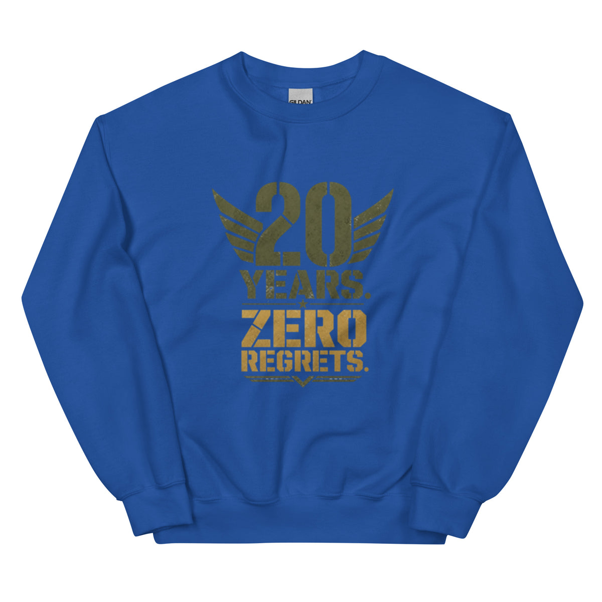 20 Years Zero Regrets Crew Neck Sweatshirt in Royal, front, Twenty & Out