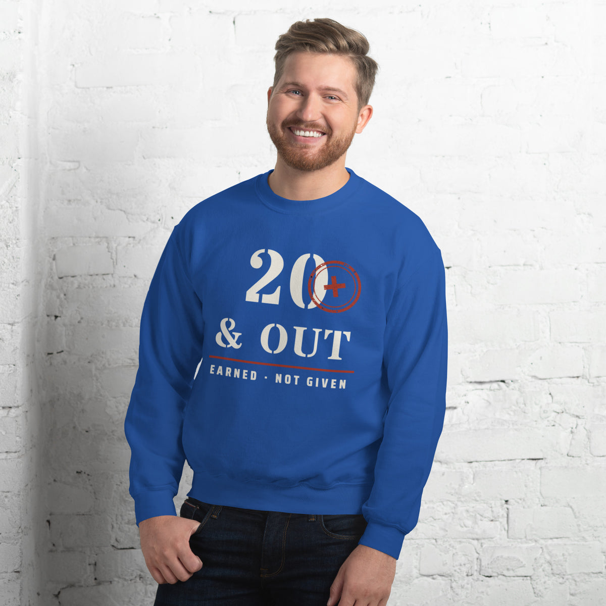 20 Plus & Out Crew Neck Sweatshirt in Royal, front, Twenty & Out