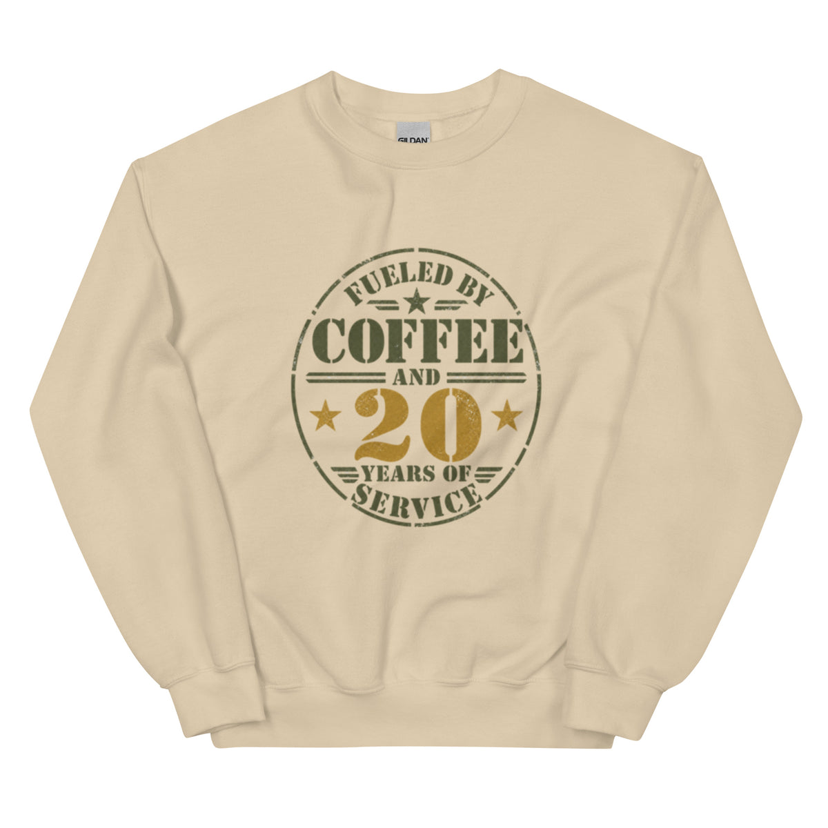 Fueled By 20 Years of Service Crew Neck Sweatshirt in Sand, front, Twenty & Out