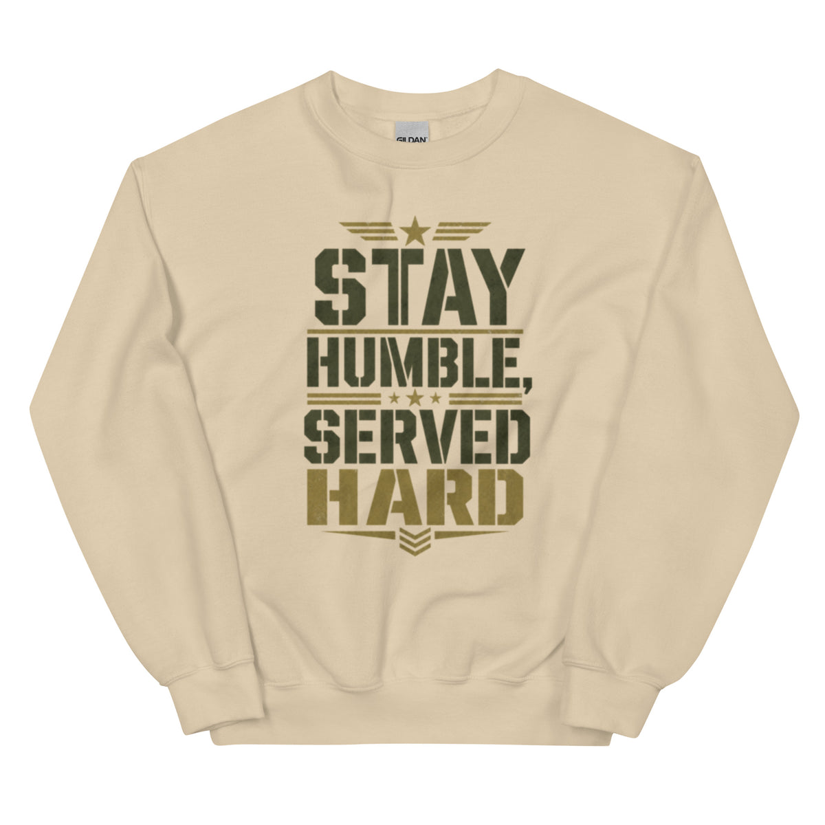 Stay Humble, Serve Hard Crew Neck Sweatshirt in Sand, front, Twenty & Out