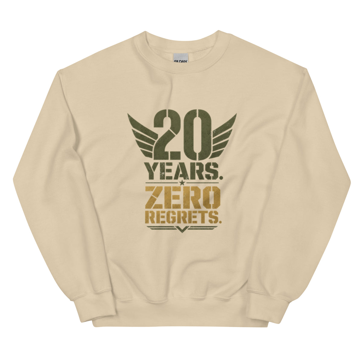 20 Years Zero Regrets Crew Neck Sweatshirt in Sand, front, Twenty & Out
