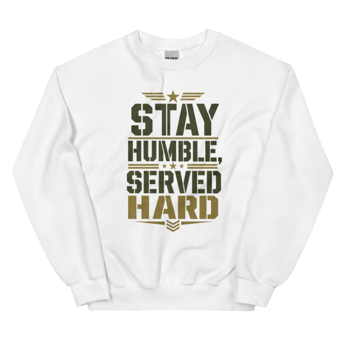 Stay Humble, Serve Hard Crew Neck Sweatshirt in White, front, Twenty & Out