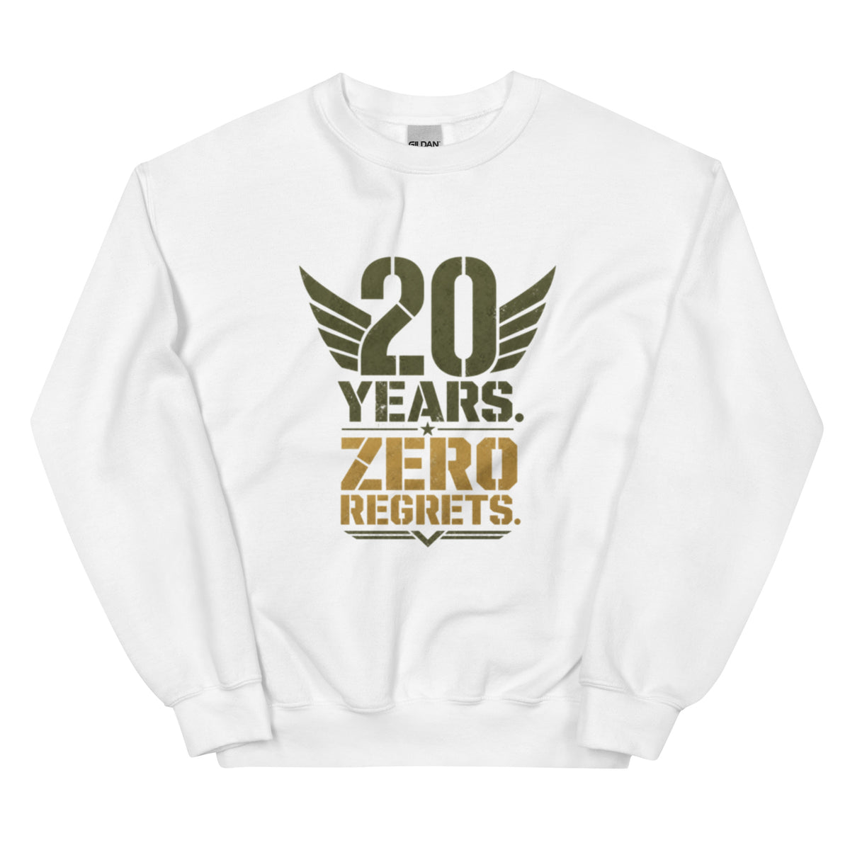 20 Years Zero Regrets Crew Neck Sweatshirt in White, front, Twenty & Out