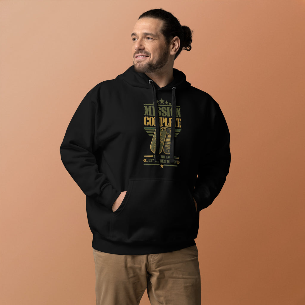 Mission Complete Hoodie in Black, front, Twenty & Out