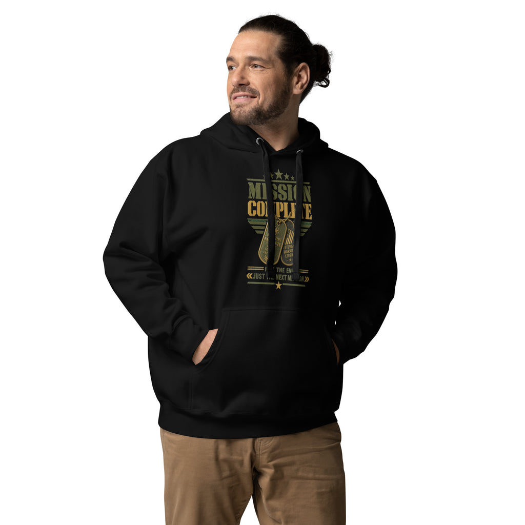 Mission Complete Hoodie in Black, front, Twenty & Out