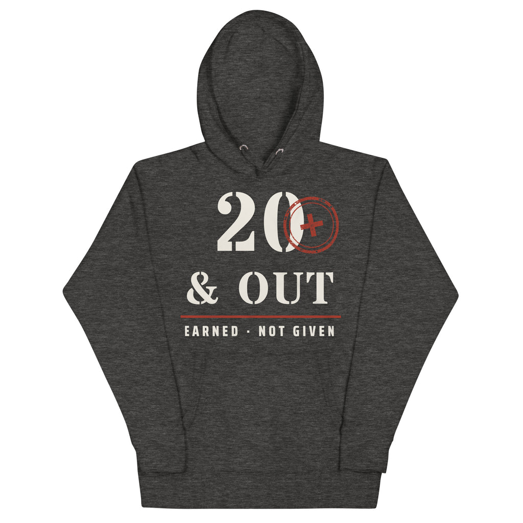 20 Plus & Out Hoodie in Charcoal Heather, front, Twenty & Out