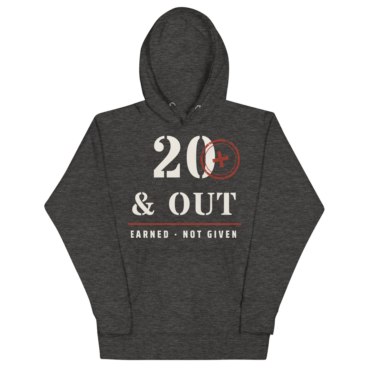 20 Plus & Out Hoodie in Charcoal Heather, front, Twenty & Out