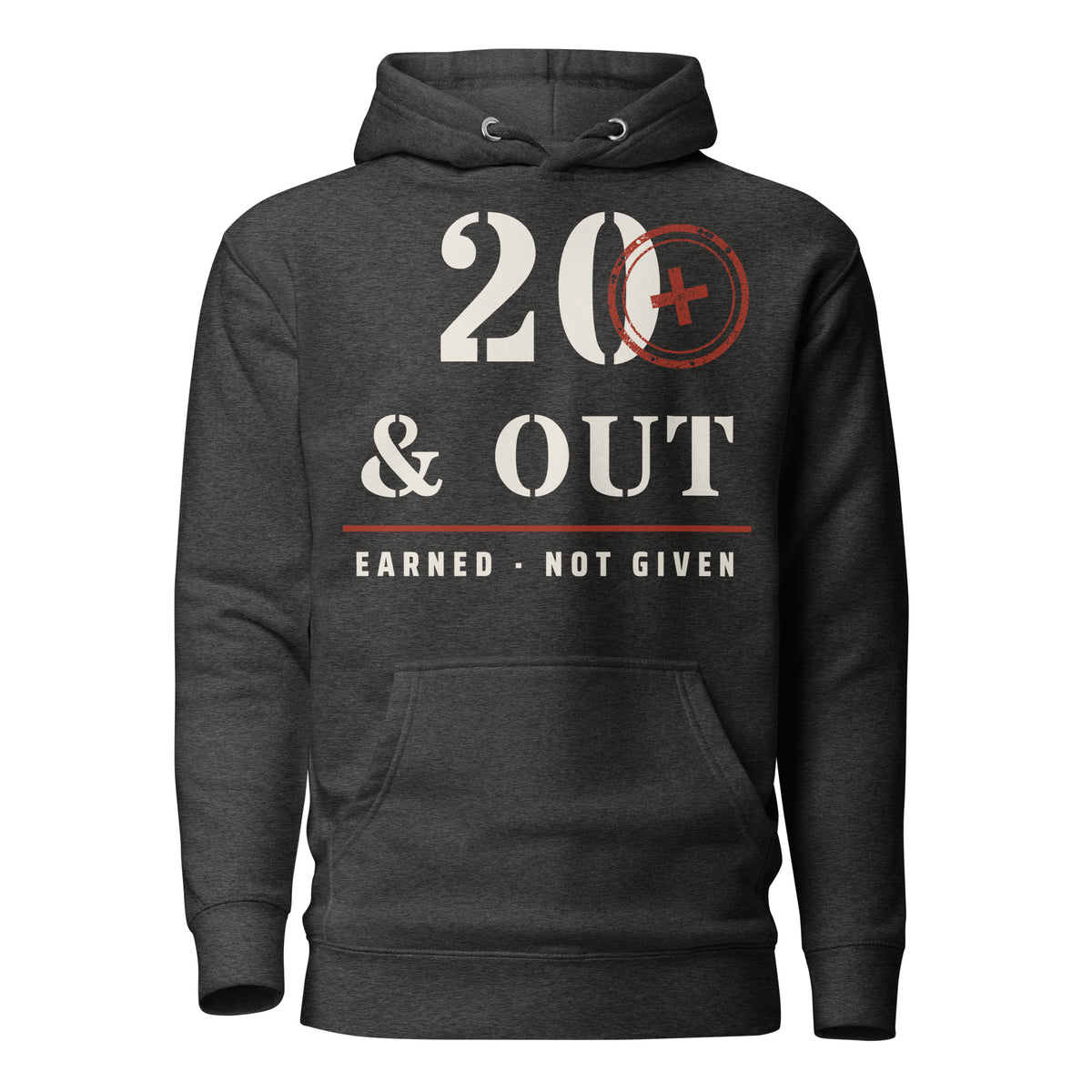 20 Plus & Out Hoodie in Charcoal Heather, front, Twenty & Out