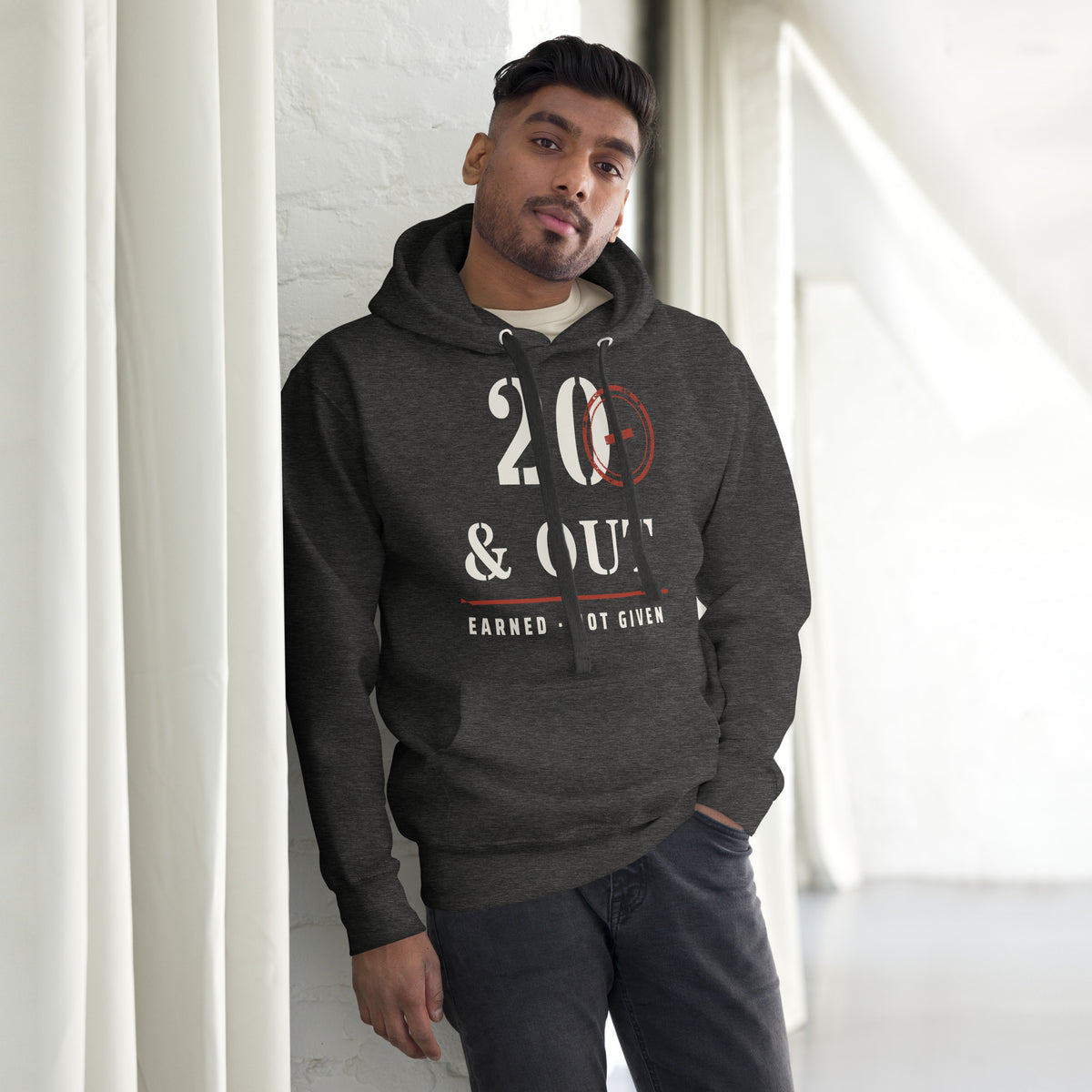 20 Plus & Out Hoodie in Charcoal Heather, front, Twenty & Out