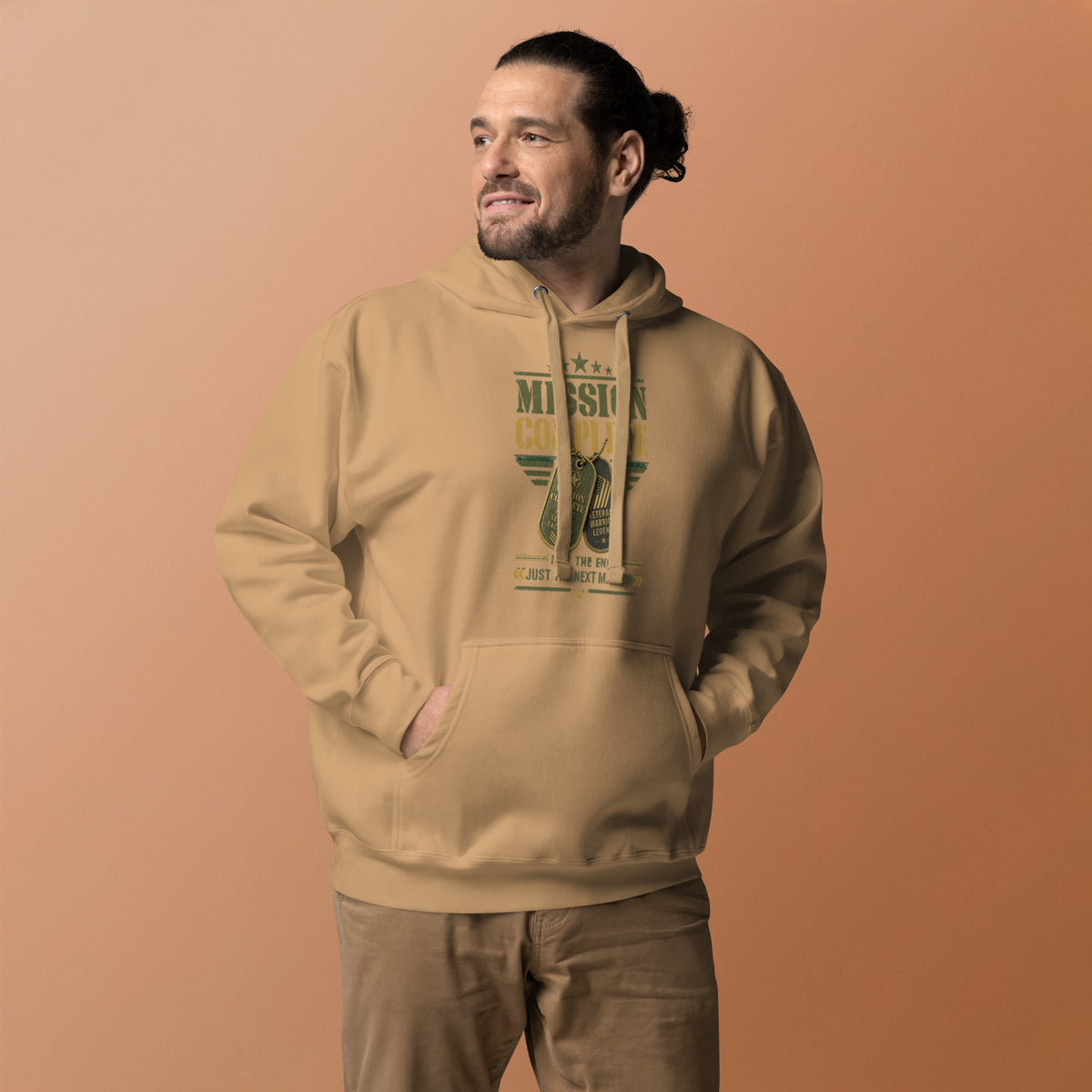 Mission Complete Hoodie in Khaki, front, Twenty & Out
