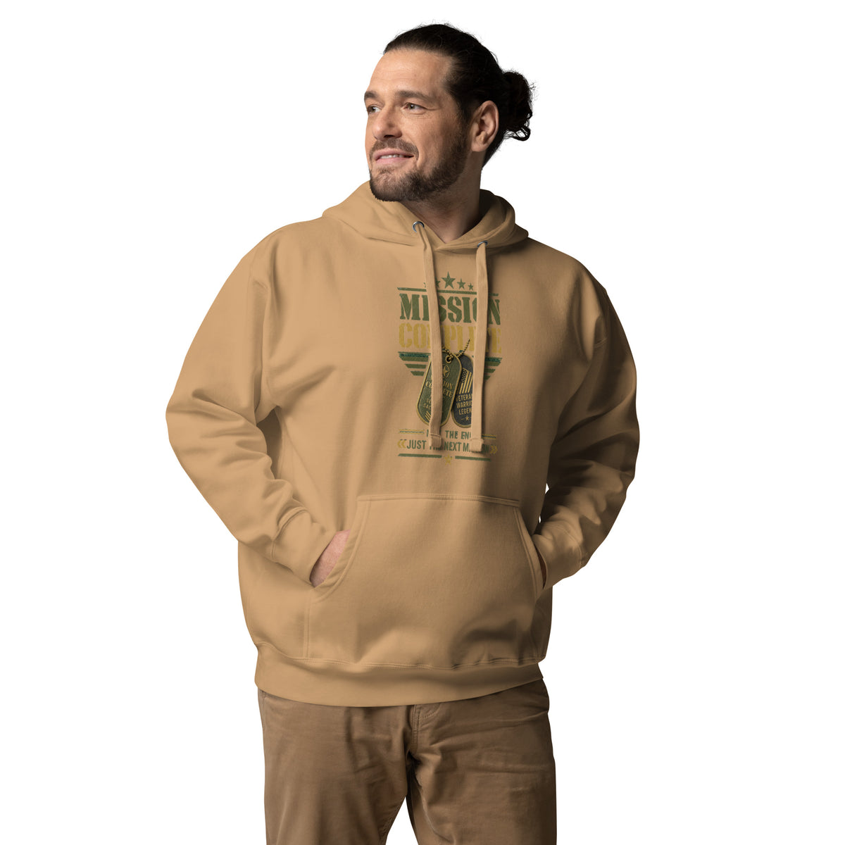 Mission Complete Hoodie in Khaki, front, Twenty & Out