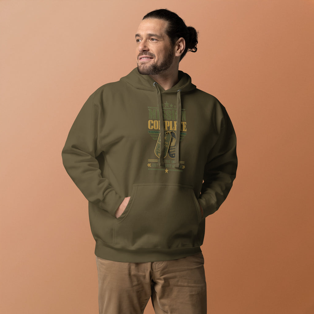Mission Complete Hoodie in Military Green, front, Twenty & Out