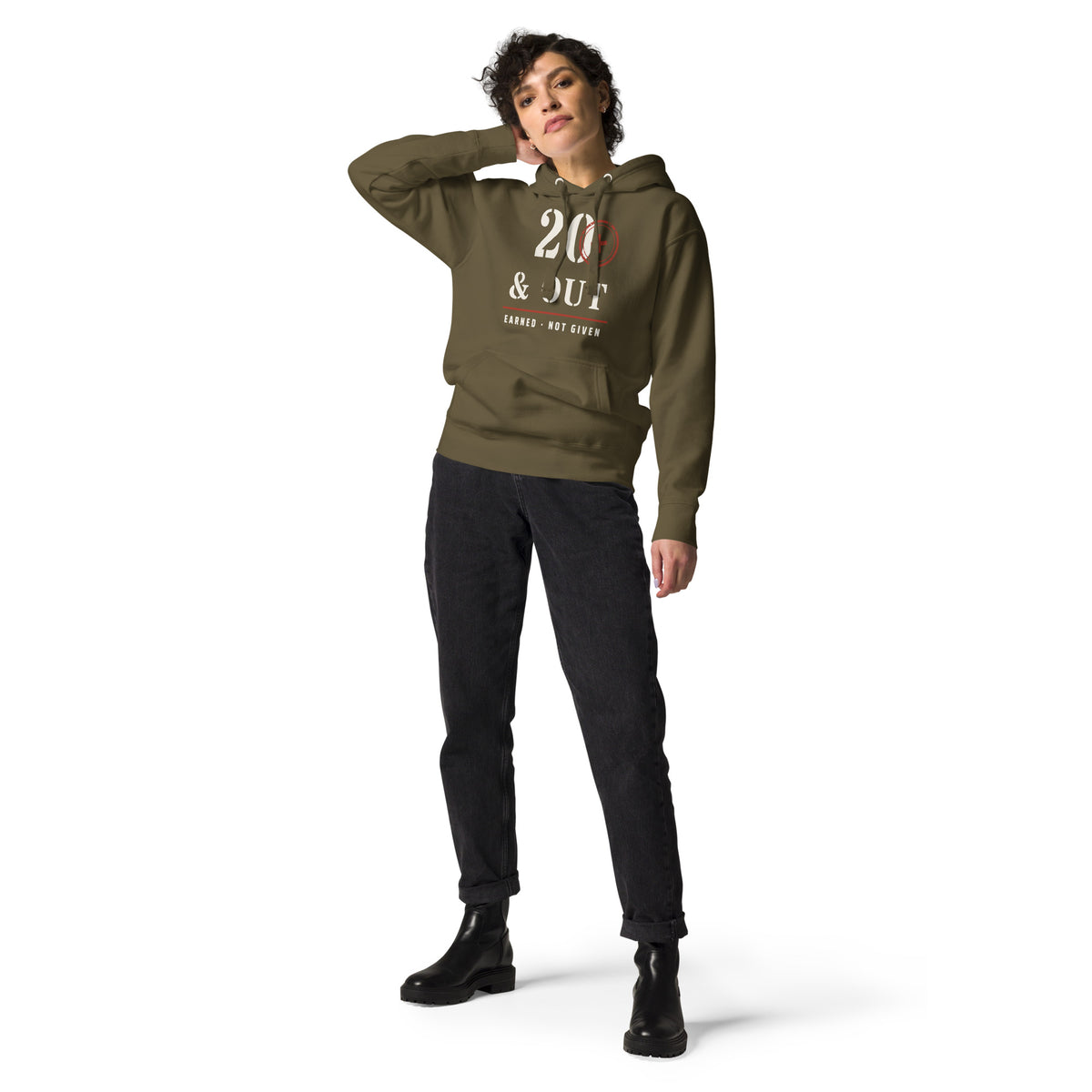 20 Plus & Out Hoodie in Military Green, front, Twenty & Out