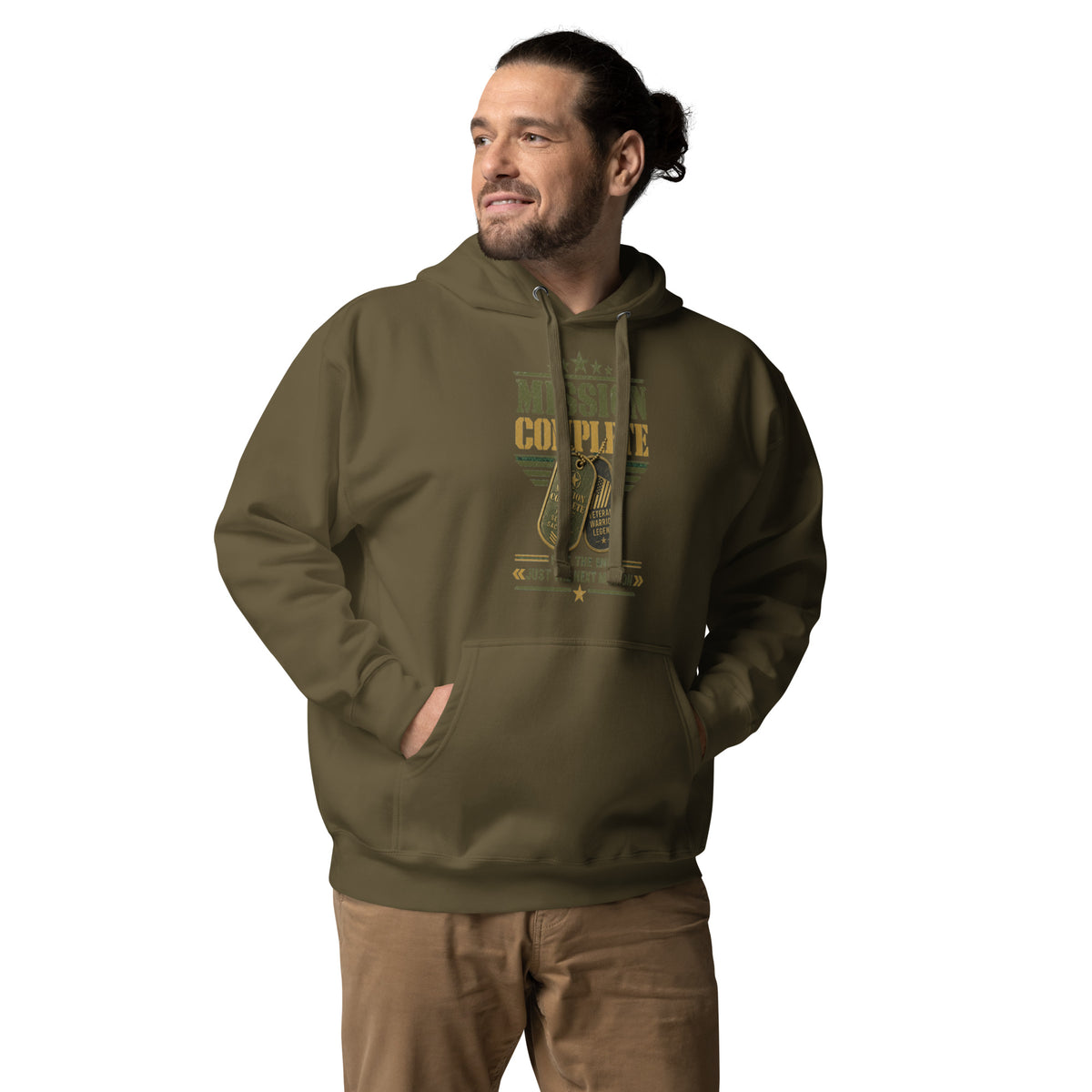 Mission Complete Hoodie in Military Green, front, Twenty & Out