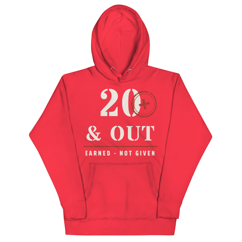 20 Plus & Out Hoodie in Team Red, front, Twenty & Out