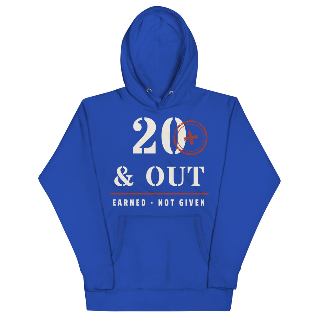 20 Plus & Out Hoodie in Team Royal, front, Twenty & Out