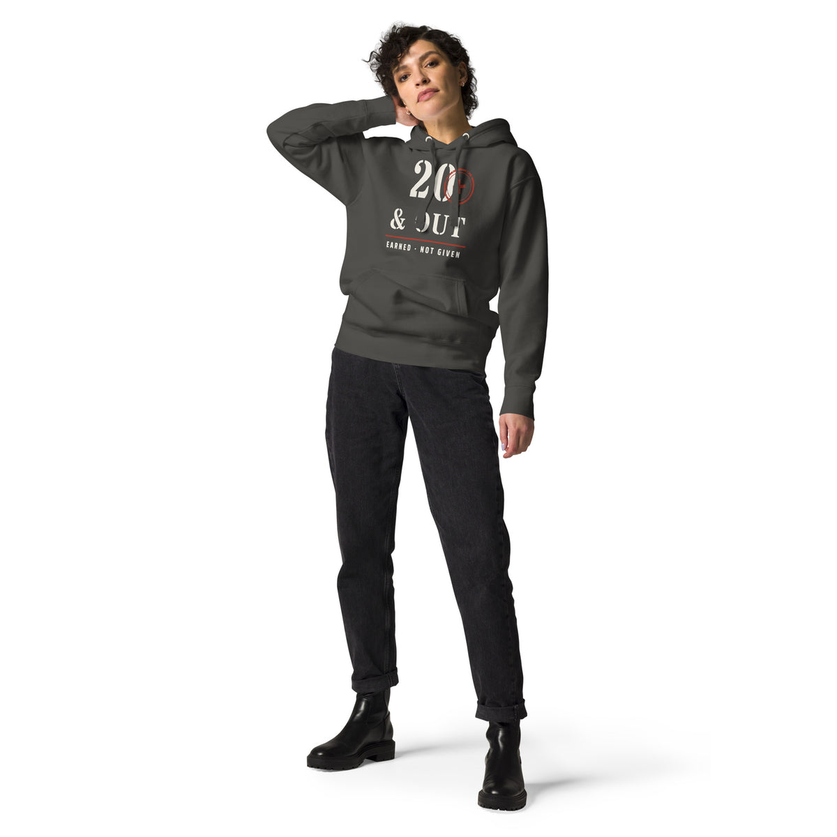 20 Plus & Out Hoodie in Vintage Black, front, Twenty & Out