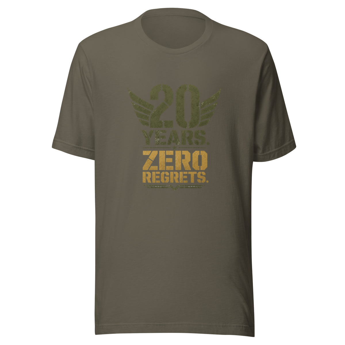 20 Years Zero Regrets T-Shirt in Army, front, Twenty & Out