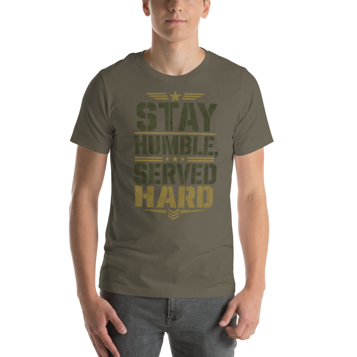 Stay Humble, Serve Hard T-Shirt in Army, front, Twenty & Out