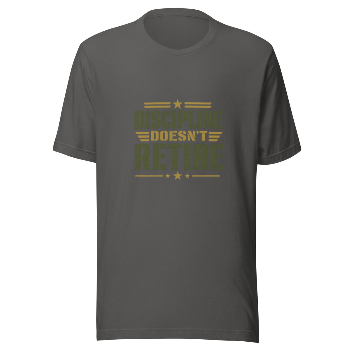 Discipline Doesn't Retire T-Shirt in Asphalt, front, Twenty & Out