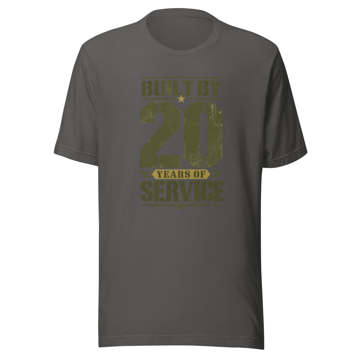 Built By 20 Years of Service T-Shirt in Asphalt, front, Twenty & Out