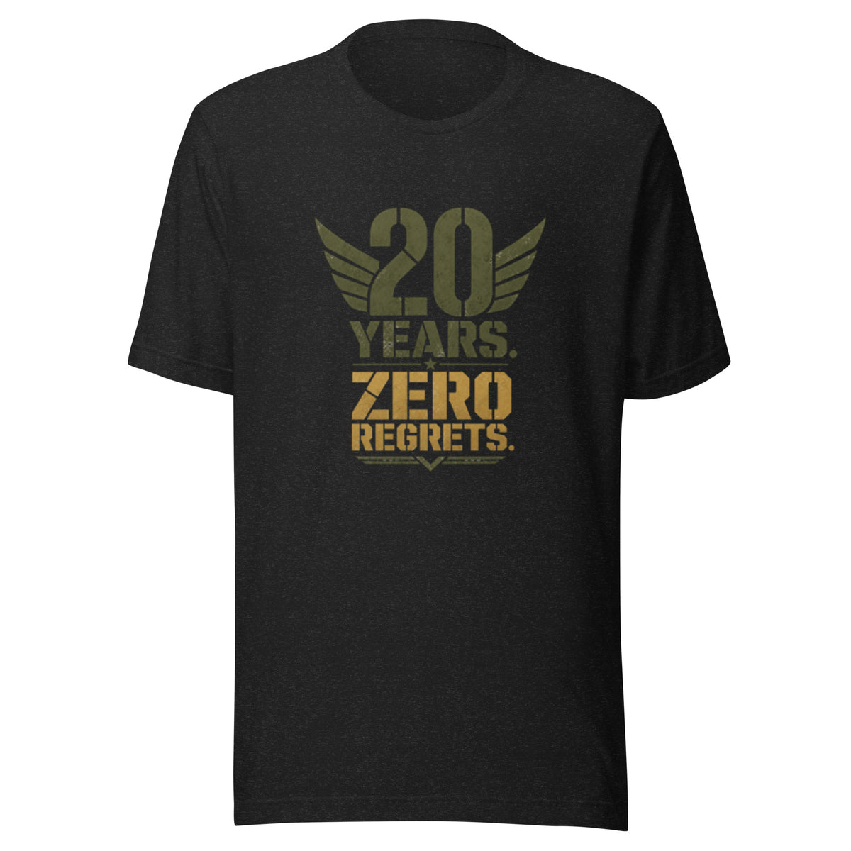 20 Years Zero Regrets T-Shirt in Black Heather, front, Twenty & Out