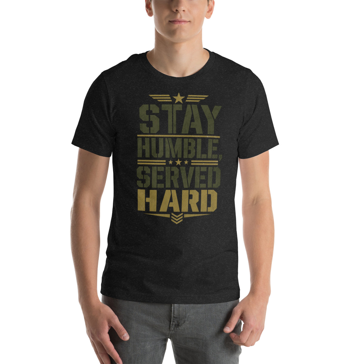 Stay Humble, Serve Hard T-Shirt in Black Heather, front, Twenty & Out
