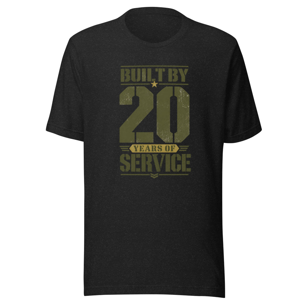 Built By 20 Years of Service T-Shirt in Black Heather, front, Twenty & Out