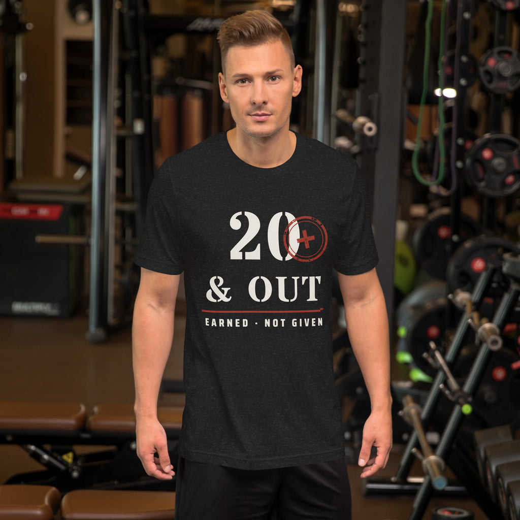 20 Plus & Out T-Shirt in Black Heather, front, Twenty & Out